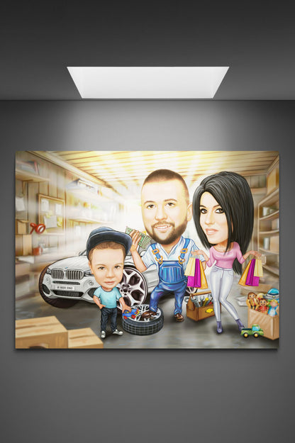 Shopping and cars family caricature