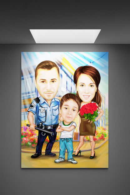 Policeman father family caricature