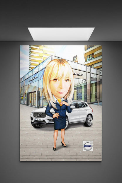 Volvo sales agent caricature